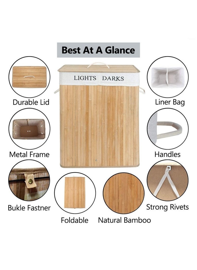 Beauenty Laundry Basket with Lid, Bamboo Laundry Hamper with Removable Liner Bag, Foldable Laundry Bag with Handle for Clothes and Storage, Space, Saving Laundry Hamper for Laundry Room, Bedroom  - Image 4