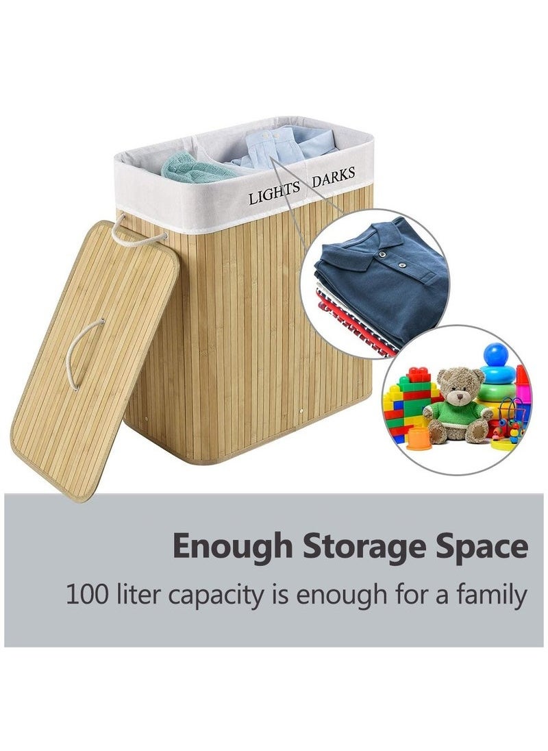 Beauenty - Laundry Basket with Lid, Bamboo Laundry Hamper with Removable Liner Bag, Foldable Laundry Bag with Handle for Clothes and Storage, Space, Saving Laundry Hamper for Laundry Room, Bedroom - Image 1