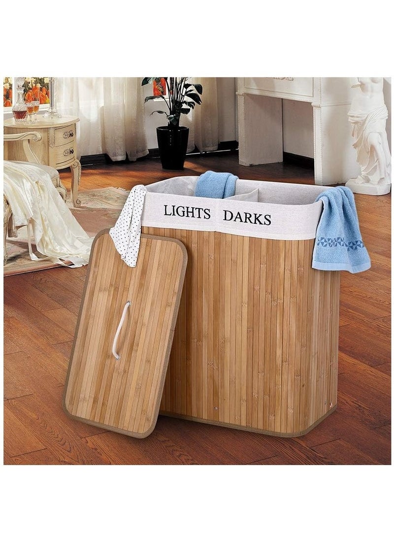 Beauenty - Laundry Basket with Lid, Bamboo Laundry Hamper with Removable Liner Bag, Foldable Laundry Bag with Handle for Clothes and Storage, Space, Saving Laundry Hamper for Laundry Room, Bedroom - Image 1