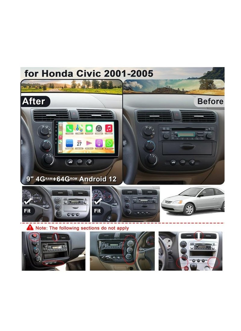 Android Car Radio for Honda Civic 2001-2005, 4+64G IPS Touchscreen Display Stereo with Wireless Carplay&Android Auto, SWC/Bluetooth5.2/GPS/WiFi/FM Radio/HD Backup Camera/HiFi/MIC/UI