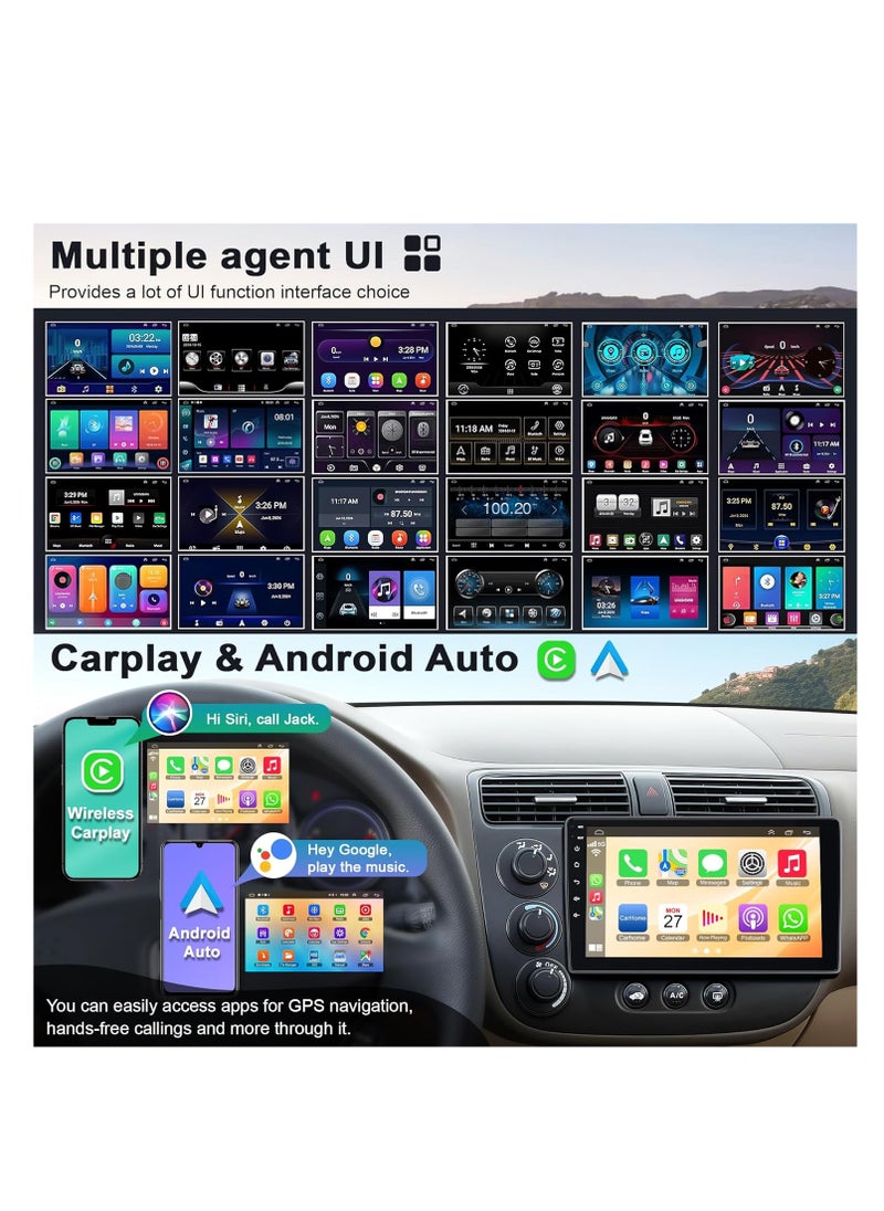 Android Car Radio for Honda Civic 2001-2005, 4+64G IPS Touchscreen Display Stereo with Wireless Carplay&Android Auto, SWC/Bluetooth5.2/GPS/WiFi/FM Radio/HD Backup Camera/HiFi/MIC/UI