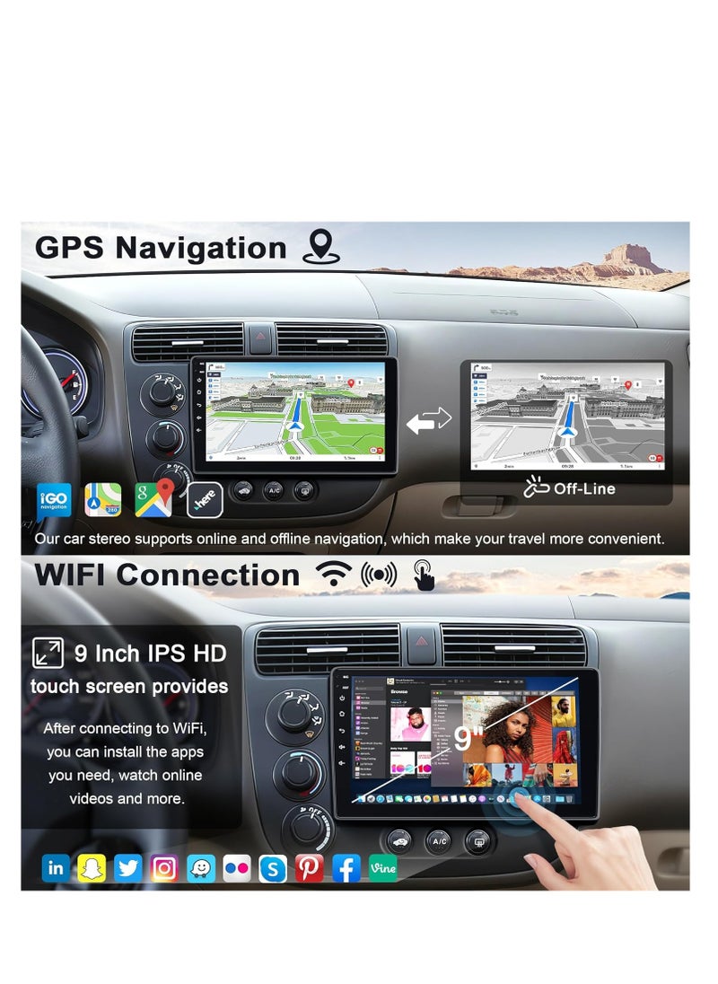 Android Car Radio for Honda Civic 2001-2005, 4+64G IPS Touchscreen Display Stereo with Wireless Carplay&Android Auto, SWC/Bluetooth5.2/GPS/WiFi/FM Radio/HD Backup Camera/HiFi/MIC/UI