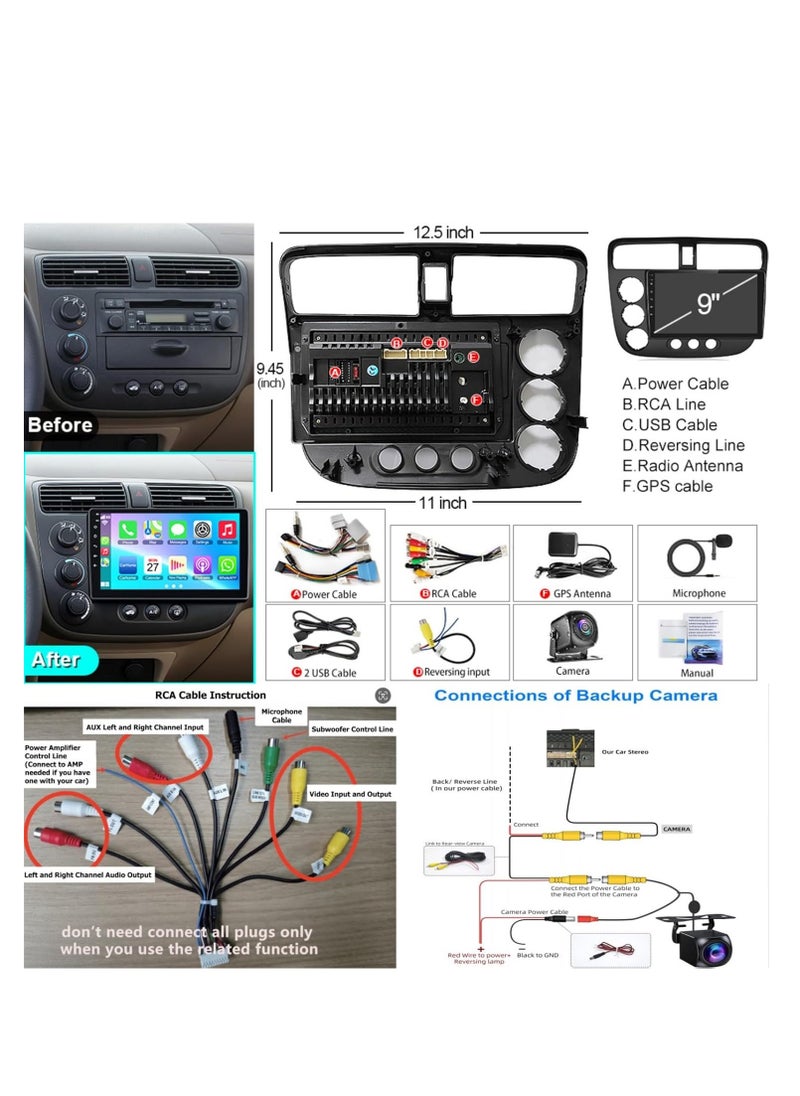 Android Car Radio for Honda Civic 2001-2005, 4+64G IPS Touchscreen Display Stereo with Wireless Carplay&Android Auto, SWC/Bluetooth5.2/GPS/WiFi/FM Radio/HD Backup Camera/HiFi/MIC/UI
