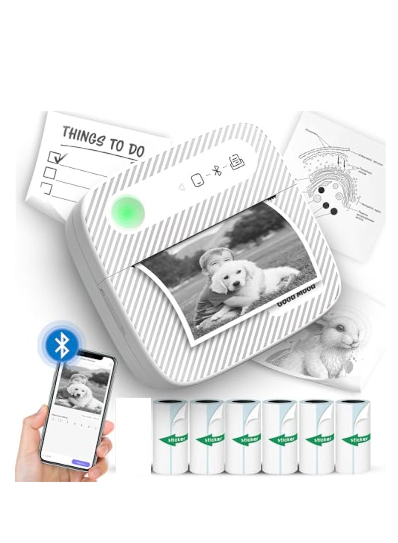 Barakah Mini Printer with 6 Rolls Sticker Paper, Portable Sticker Printer Efficiently and Quickly, Thermal-Wireless-Bluetooth-Mini Inkless-Printer, Pictures, DIY, Label, Free App with Multiple Templates - Image 1