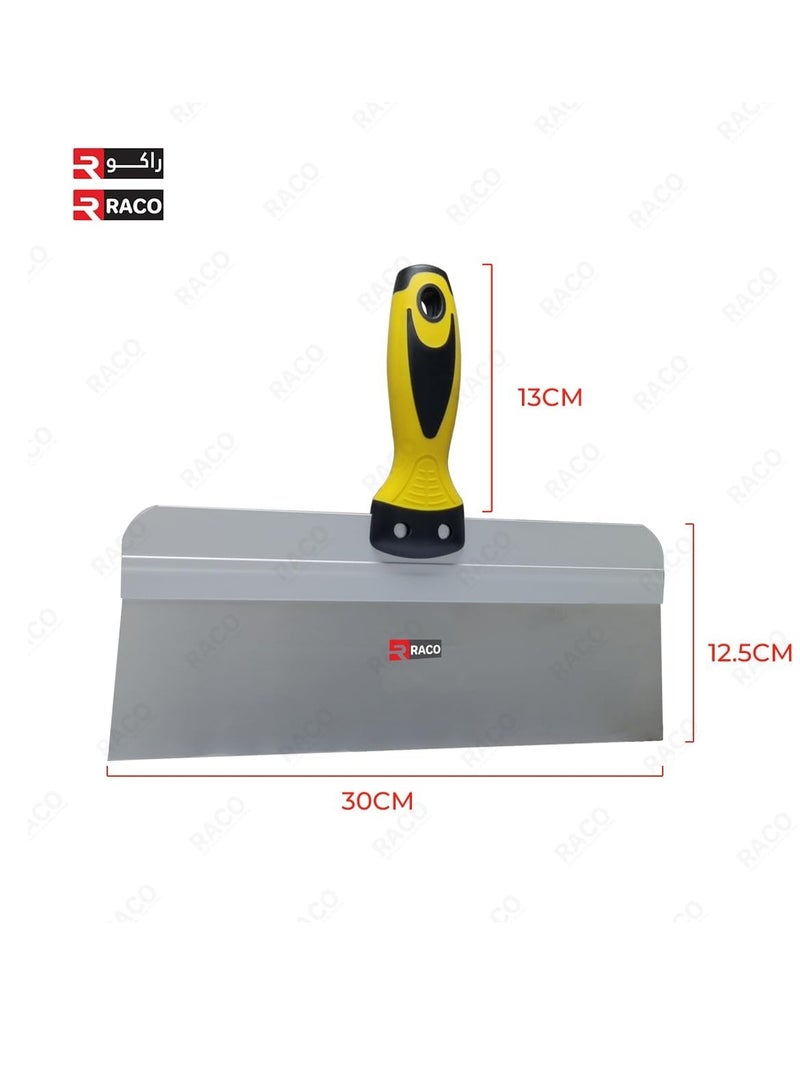 RACO RACO 12-Inch Putty Scraper with Soft Grip Handle | Stainless Steel Drywall Taping Knife, Yellow Handle for Drywall Repair  - Image 3