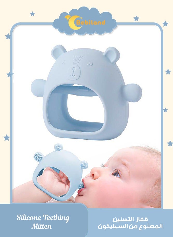 Bebiland Silicone Teething Mitten with Cute Bear Shape, BPA-Free and Anti-Drop Teether Toy for Baby Soothing Teething Pain Relief, Blue - Image 1