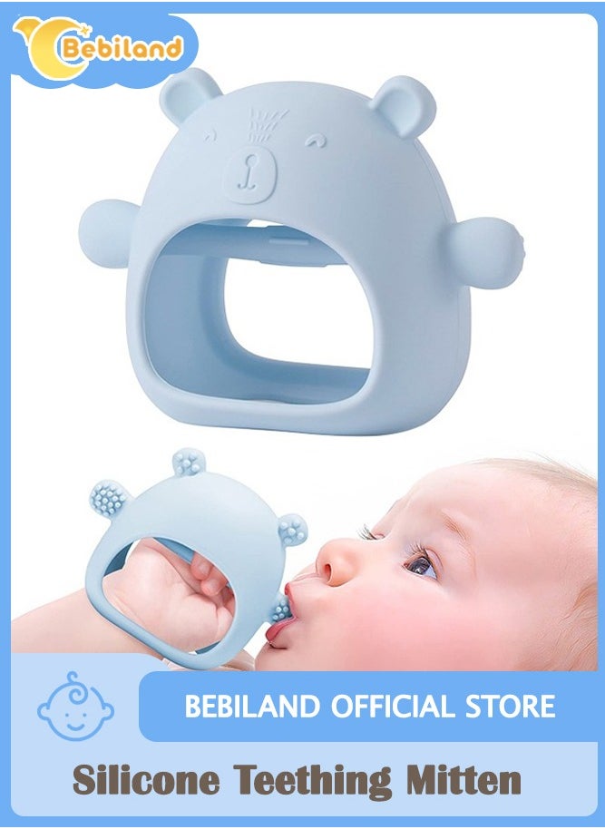 Bebiland Silicone Teething Mitten with Cute Bear Shape, BPA-Free and Anti-Drop Teether Toy for Baby Soothing Teething Pain Relief, Blue  - Image 1