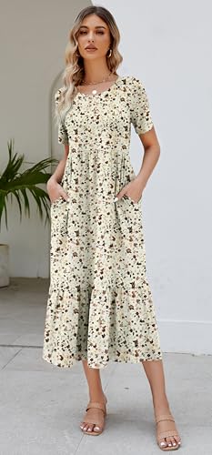 Jeqeocafy Summer Dresses for Women Flowy Maxi Sundress Short Sleeve Tiered Beach Dress with Pockets 2026 Vacation Travel - Image 2