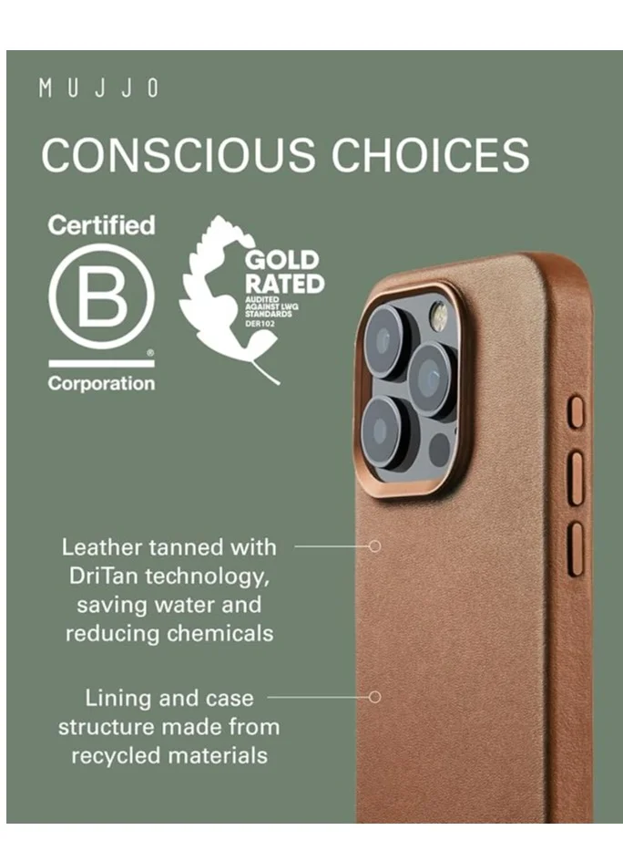Mujjo iPhone 16 Pro with the Full Leather Case in Dark Tan with MagSafe. Crafted from premium leather, this luxurious case combines elegance and durability, providing a sleek, sophisticated look while offering superior protection.