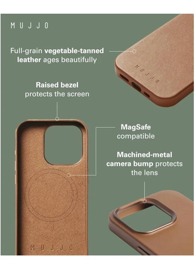 Mujjo iPhone 16 Pro with the Full Leather Case in Dark Tan with MagSafe. Crafted from premium leather, this luxurious case combines elegance and durability, providing a sleek, sophisticated look while offering superior protection.