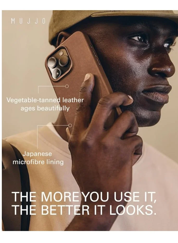 Mujjo iPhone 16 Pro with the Full Leather Case in Dark Tan with MagSafe. Crafted from premium leather, this luxurious case combines elegance and durability, providing a sleek, sophisticated look while offering superior protection.