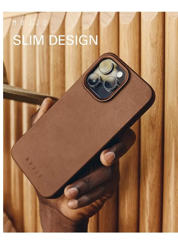 Mujjo iPhone 16 Pro with the Full Leather Case in Dark Tan with MagSafe. Crafted from premium leather, this luxurious case combines elegance and durability, providing a sleek, sophisticated look while offering superior protection.