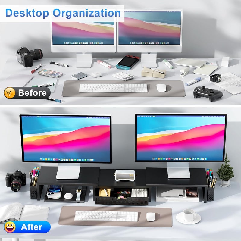 gianotter Dual Monitor Stand Riser, Desk Organizer With Drawer and 2 Pen Holders, Computer Monitor Stand, Desk Shelf for Top of Desk (Black) - Image 2