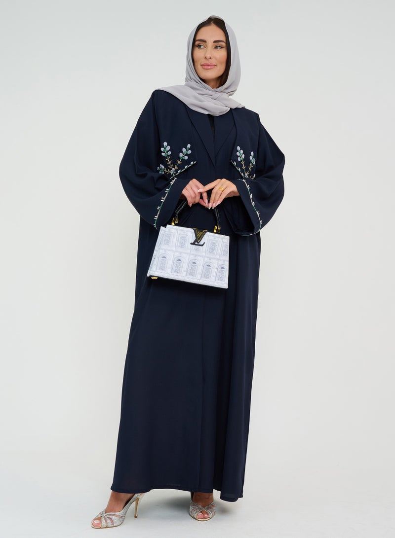Rosette Abaya Open abaya with hand Embroidery Jacket Style  - Image 1