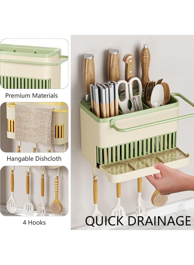 Arabest No-Drill Wall-Mounted Utensil Organizer – 3 Compartments for Knives, Spatulas & Cloths, Space-Saving Kitchen Storage Solution (Matcha Green) - Image 4