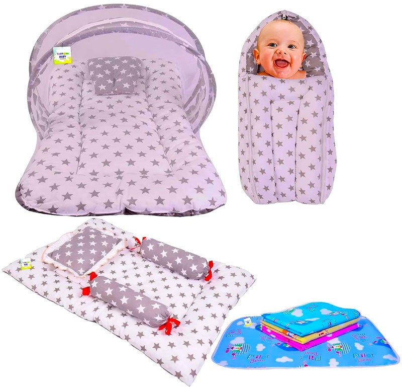 طقم سرير للأطفال حديثي الولادة مع شبكة ناموسية وحقيبة نوم ومرتبة وأوراق أساسية للأطفال 06 أشهر رمادي 4 قطع