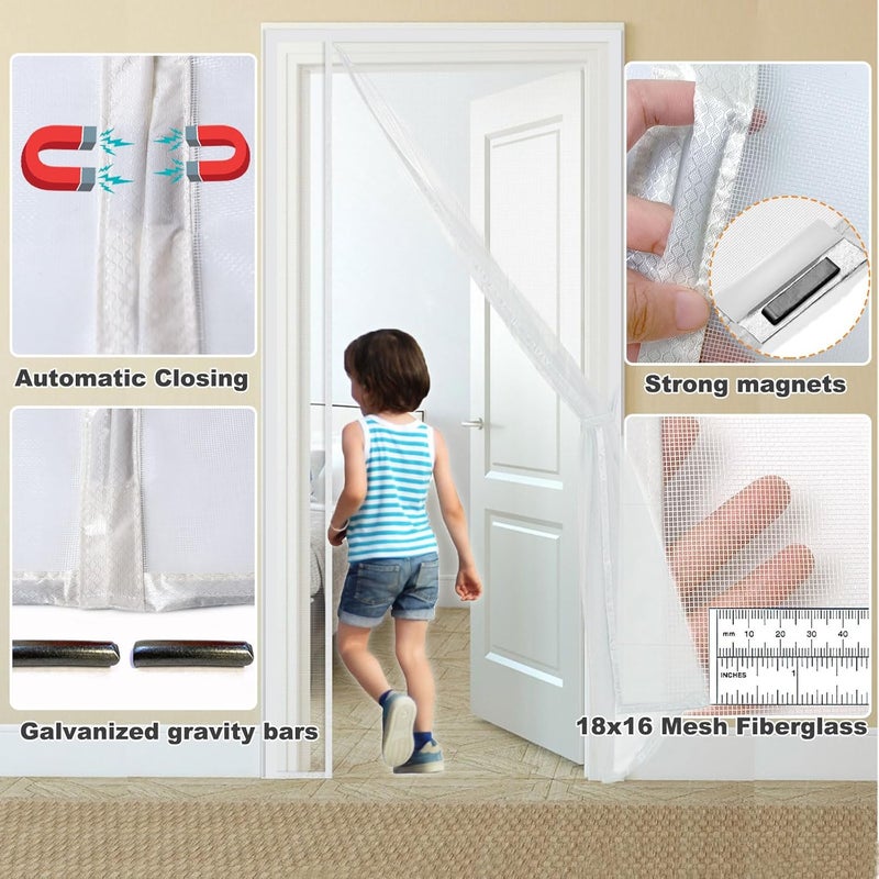 Risareyi Mosquito Net Door Window Magnetic Side Opening 180 x 210 cm White Fiberglass Mosquito Net Automatic Closing Mosquito Net for Balcony without Drilling - Image 4