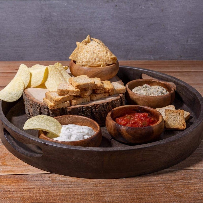 Home Essentials & Beyond Home Essentials Natural Acacia Wooden Bowls Hand-Carved Calabash Small Dip Tray Bowl S/4 Ideal for Appetizers, Dips, Sauce, Nuts, Candy, Olives, Seeds, Desserts and More. Small (Round) - Image 3