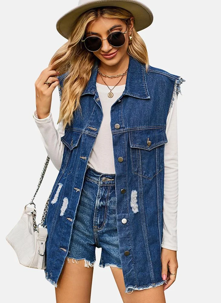 يونيكي Blue Printed Regular Fit Sleeveless Denim Jacket