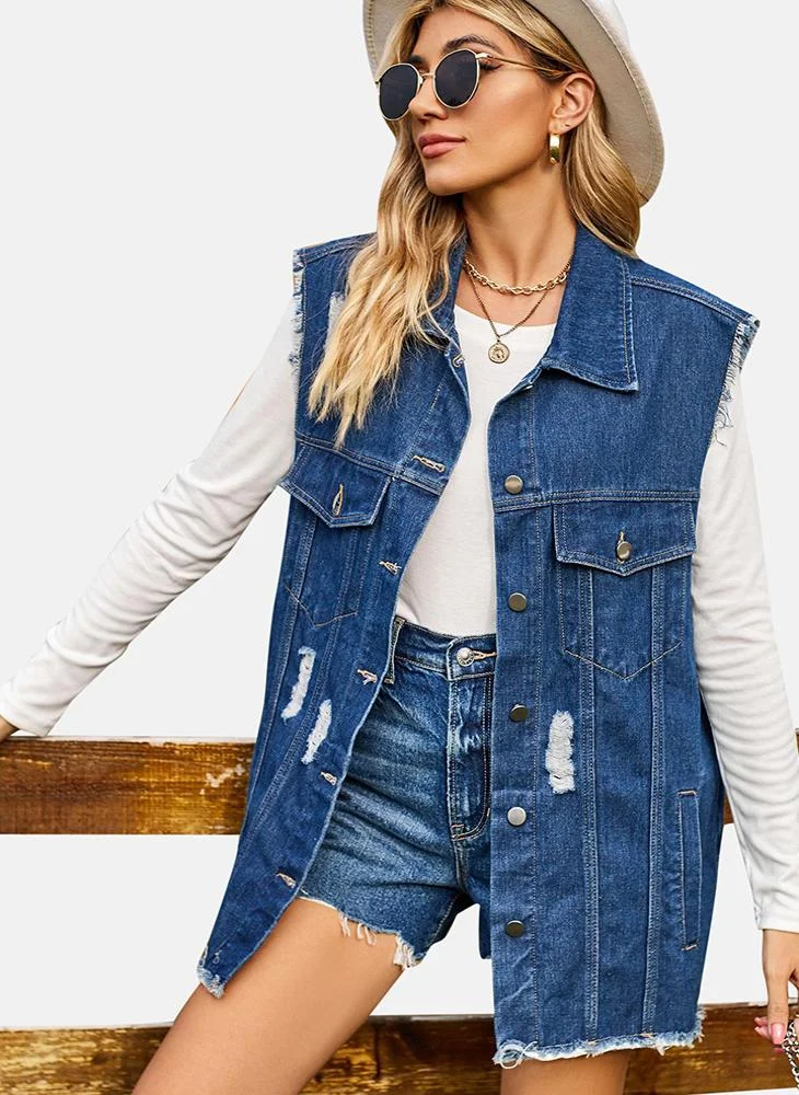 YUNIQEE Blue Printed Regular Fit Sleeveless Denim Jacket