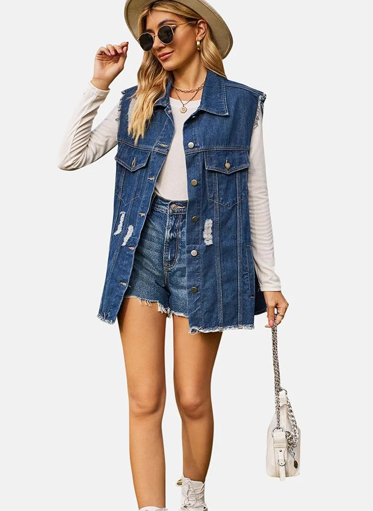 YUNIQEE Blue Printed Regular Fit Sleeveless Denim Jacket