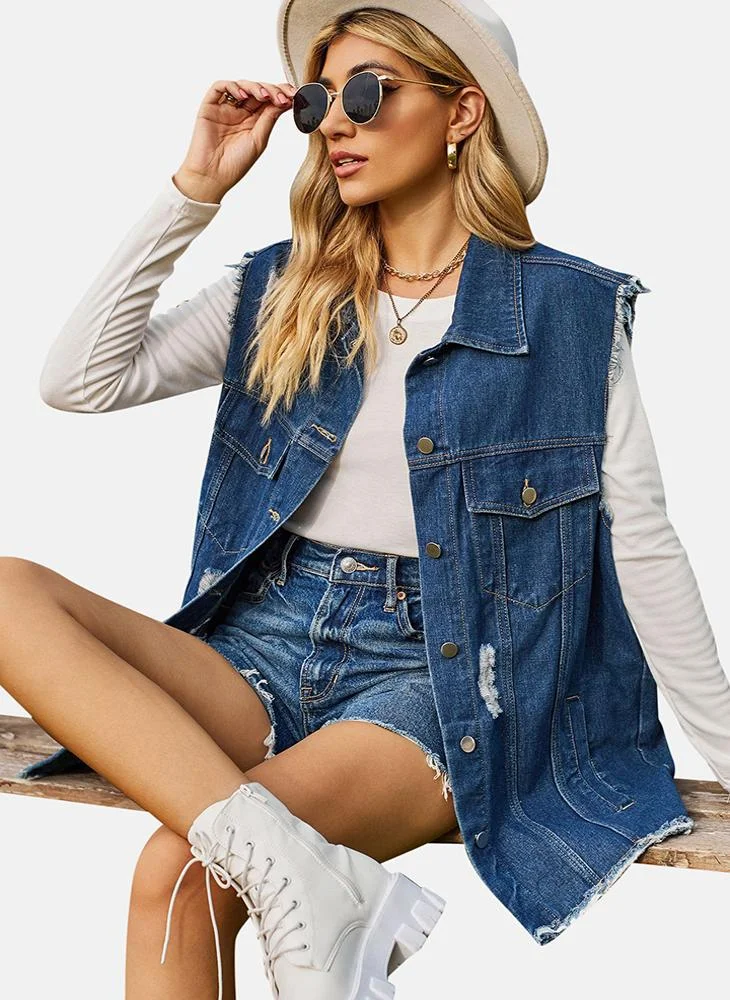 يونيكي Blue Printed Regular Fit Sleeveless Denim Jacket