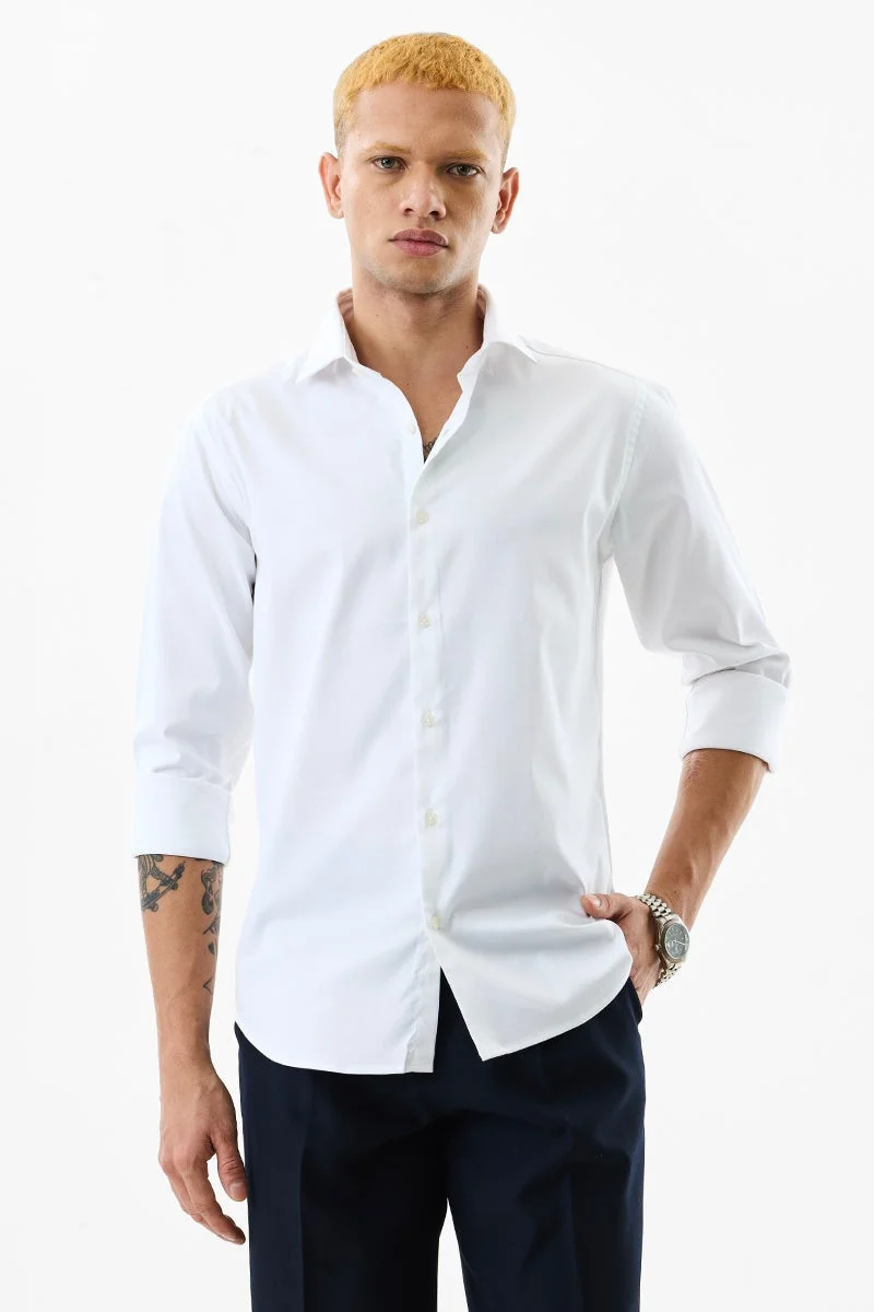 سنيتش White Solid Long Sleeve Slim Fit Formal Shirt