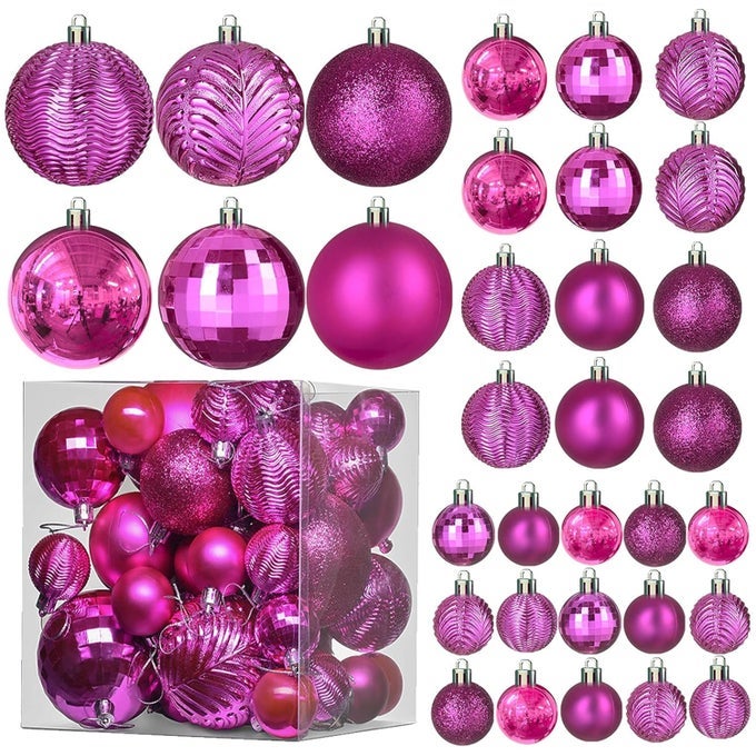 36PIECES FUCHSIA PINK CHRISTMAS ORNAMENTS SET SHATTERPROOF FESTIVE CHRISTMAS BALLS DECORATIONS IN 3 SIZES AND 6 STYLES WITH HANGING LOOPS FOR TREE WREATH AND DAZZLING HOLIDAY PARTY DECOR