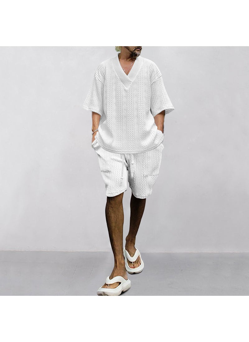 2024 Mens Embossed Casual Set Summer Loose V-Neck Sportswear Dark gray - Image 4