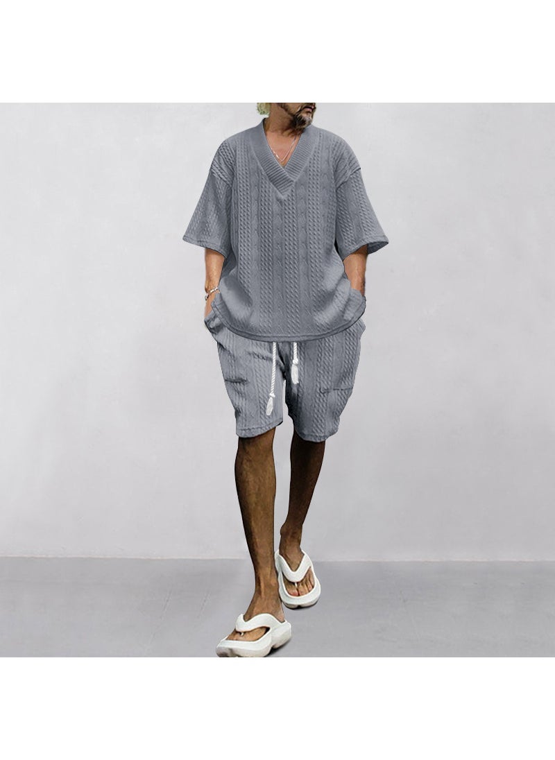 2024 Mens Embossed Casual Set Summer Loose V-Neck Sportswear Dark gray - Image 1