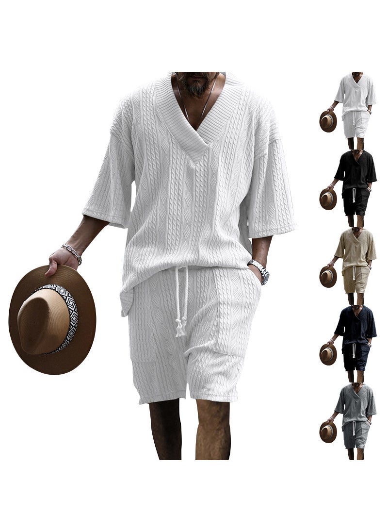 2024 Mens Embossed Casual Set Summer Loose V-Neck Sportswear Dark gray - Image 5