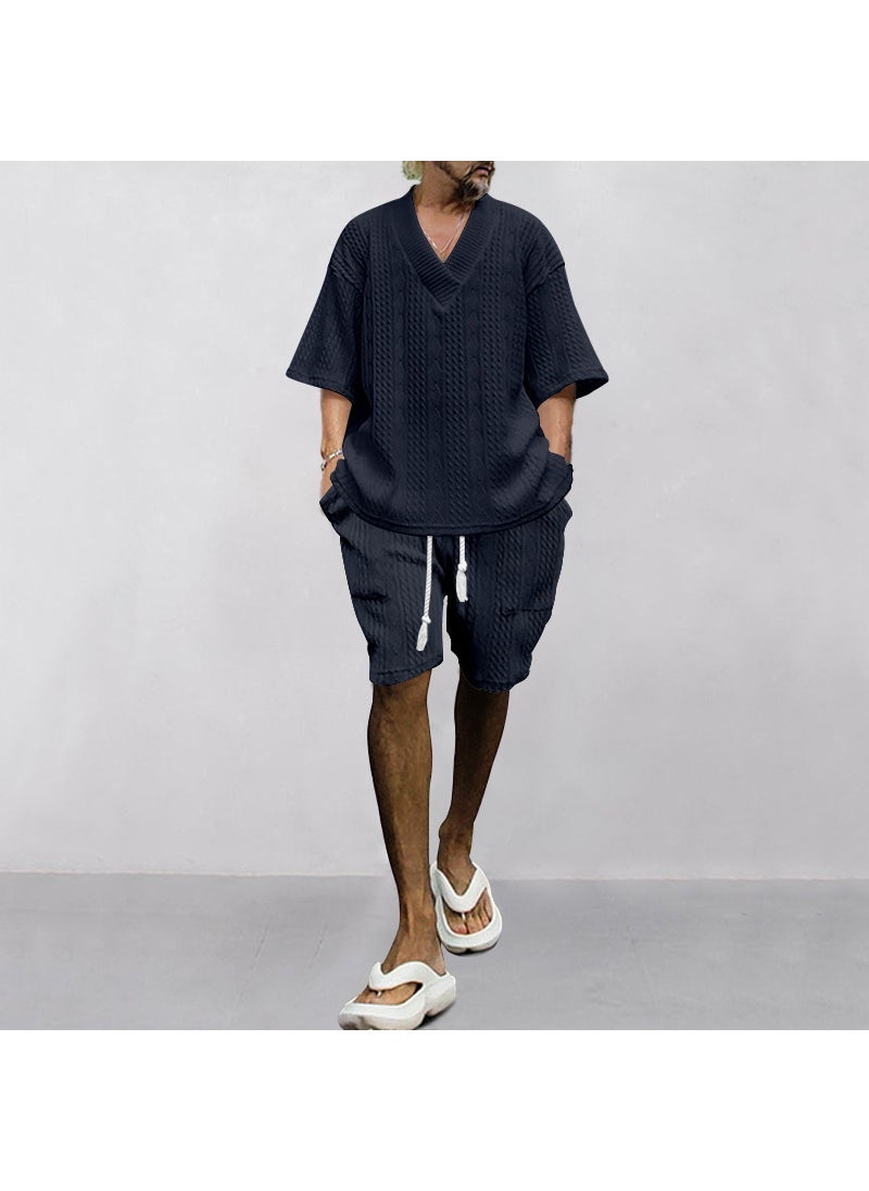 2024 Mens Embossed Casual Set Summer Loose V-Neck Sportswear Dark gray - Image 2