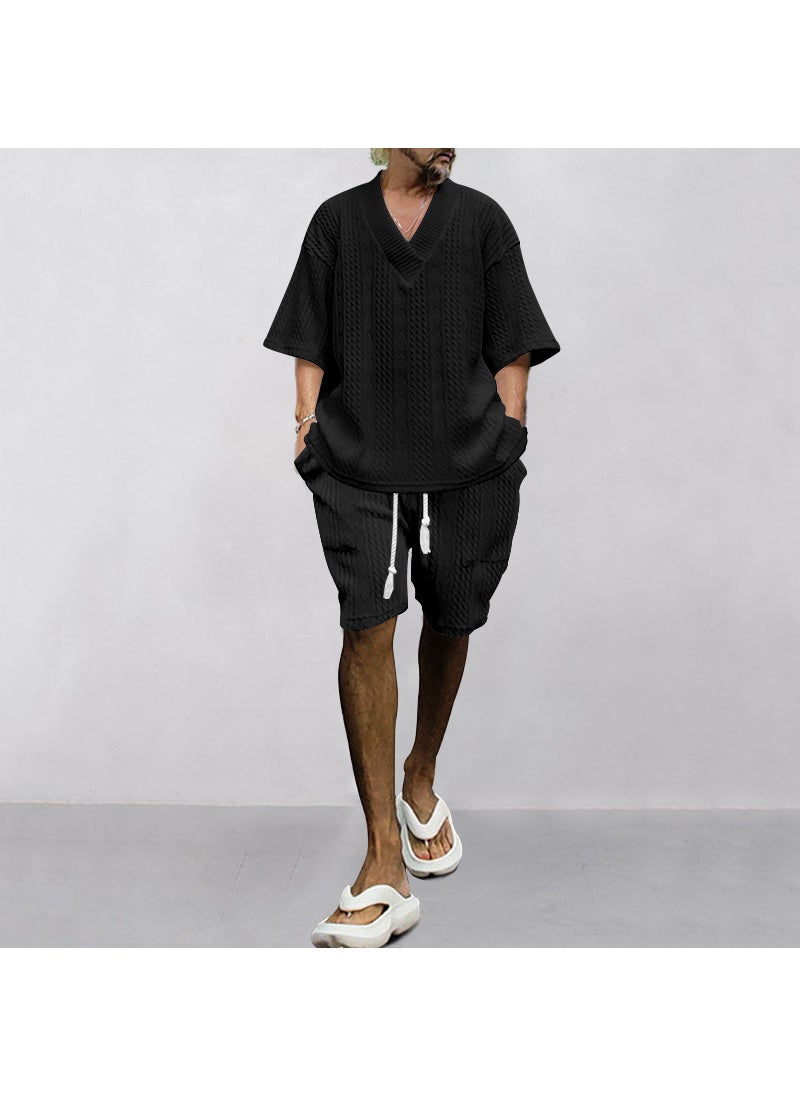2024 Mens Embossed Casual Set Summer Loose V-Neck Sportswear Dark gray - Image 3