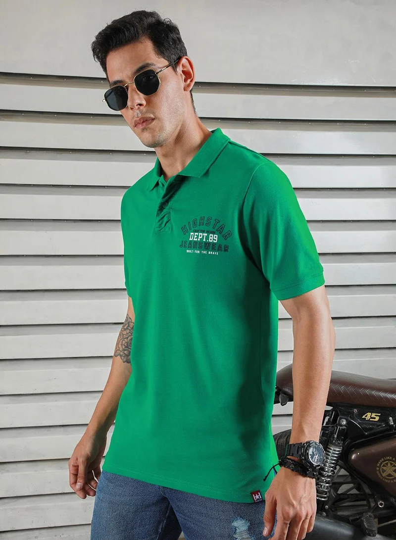 HIGH STAR Men's Green 100% Cotton Solid Pattern Polo Regular Fit T-Shirt