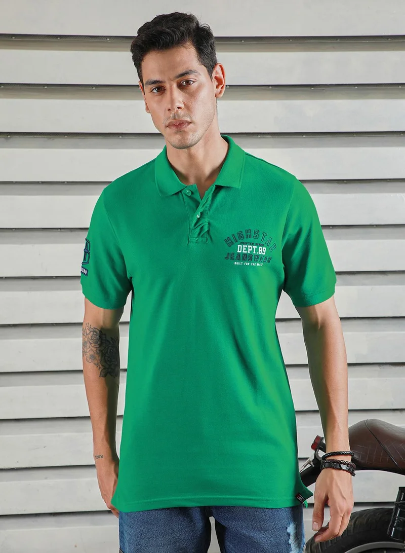 HIGH STAR Men's Green 100% Cotton Solid Pattern Polo Regular Fit T-Shirt