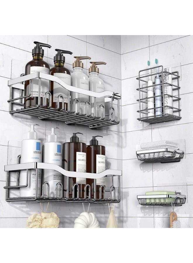 بواو BOAO حامل أدوات الاستحمام اللاصق، 5 قطع من الفولاذ المقاوم للصدأ المقاوم للصدأ مع سعة كبيرة، بدون حاجة للحفر، أرفف لتخزين الحمام والديكور المنزلي - Image 1
