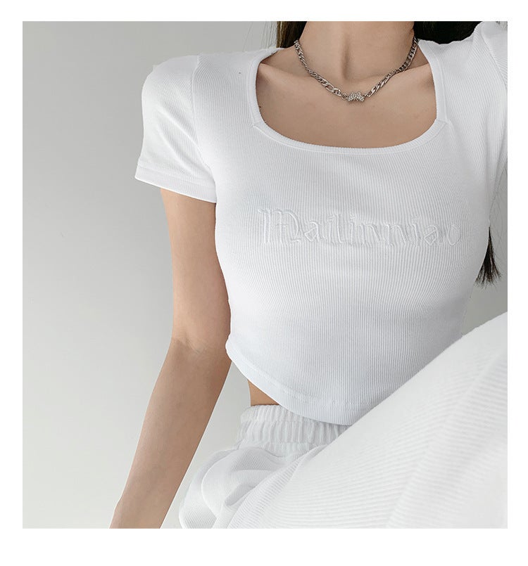 American Vintage Embroidered Letter Slimming Base Layer Top Square Collar Cropped Short Sleeve T-shirt High-waisted Top 845-White  - Image 5