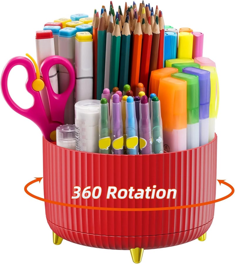 ماربراس منظم مكتب ماربراس، حامل أقلام دوار 360 درجة للمكتب، منظمات مكتب وملحقات مع 5 حجرات لمنظم الأقلام، صندوق تخزين مستلزمات الفنون للمكتب والمنزل (أحمر) - Image 1