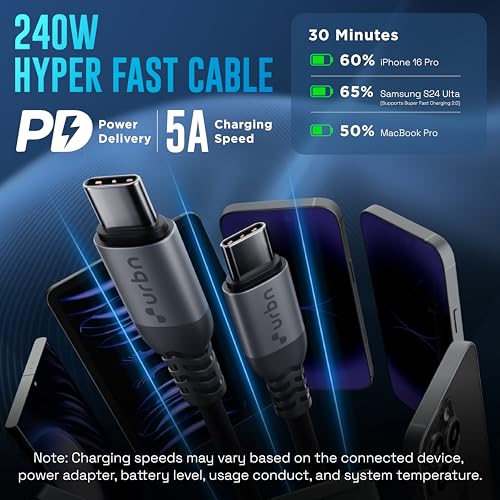 URBN Flex Cord 240W 5Amps Hyper Fast Charging Cable | Type C to C | Supports Apple Car Play & Android Auto| Super Fast Charging and Data Transfer | Silicon Coated 1.2 Meter | 2 Years Warranty (Black) - Image 5