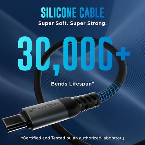 URBN Flex Cord 240W 5Amps Hyper Fast Charging Cable | Type C to C | Supports Apple Car Play & Android Auto| Super Fast Charging and Data Transfer | Silicon Coated 1.2 Meter | 2 Years Warranty (Black) - Image 4