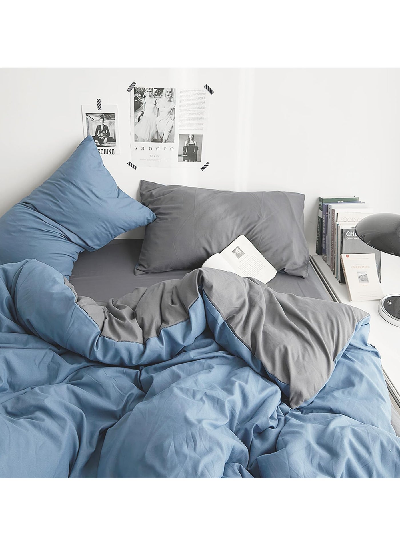 INFOSUN Duvet Cover Set King Size 4 Pcs, Include 1 Quilt Cover 220 x 240cm & 2 Pillow Cases 48 x 74cm & 1 Bedsheet 235 x 250cm, Super Soft Quality Cotton Bedding Set, NO Comforter - Blue Grey