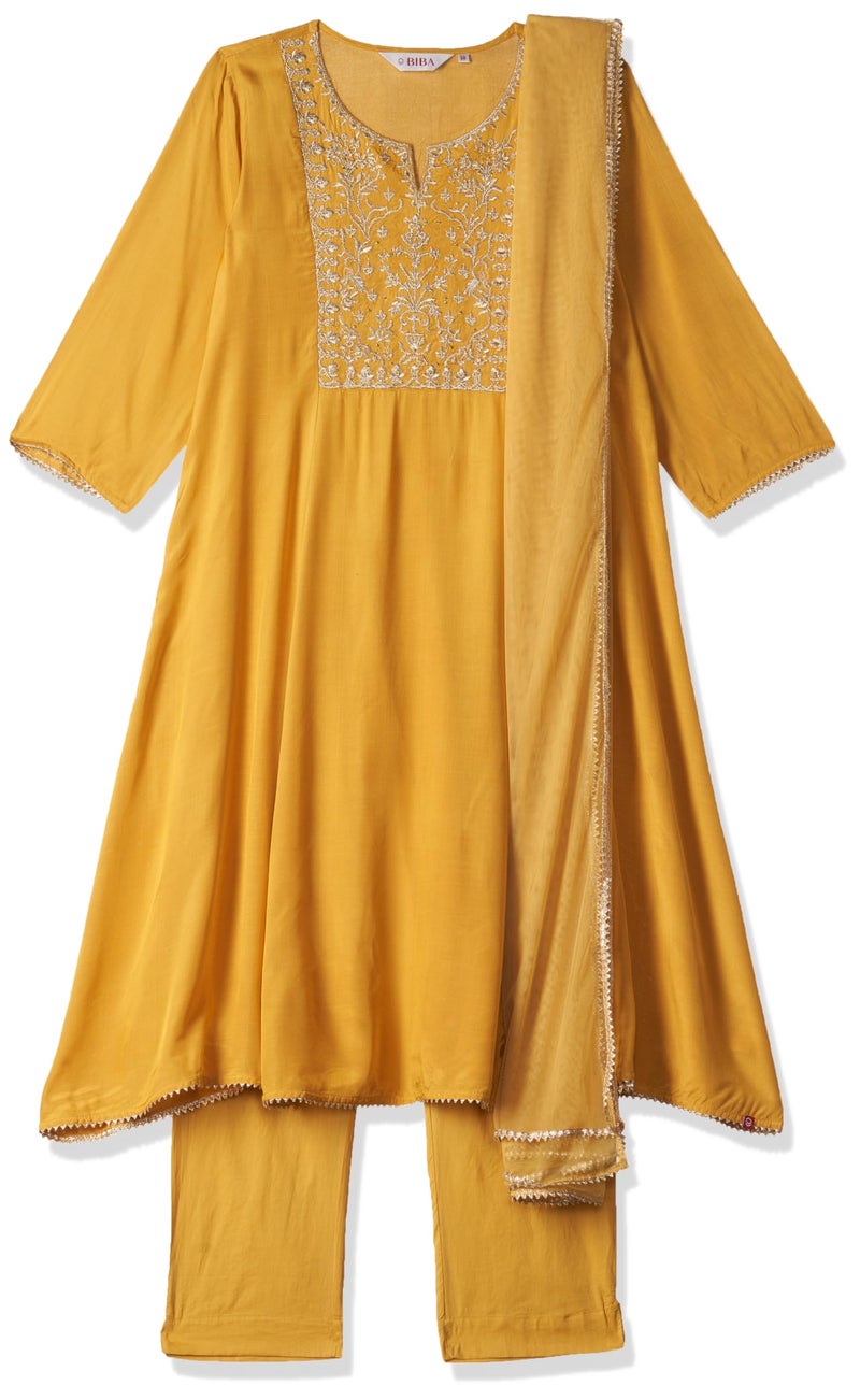 BIBA WOMEN EMBROIDERY NARROW SALWAR KURTA DUPATTA(SKD7454E_MUSTARD_34) - Image 3
