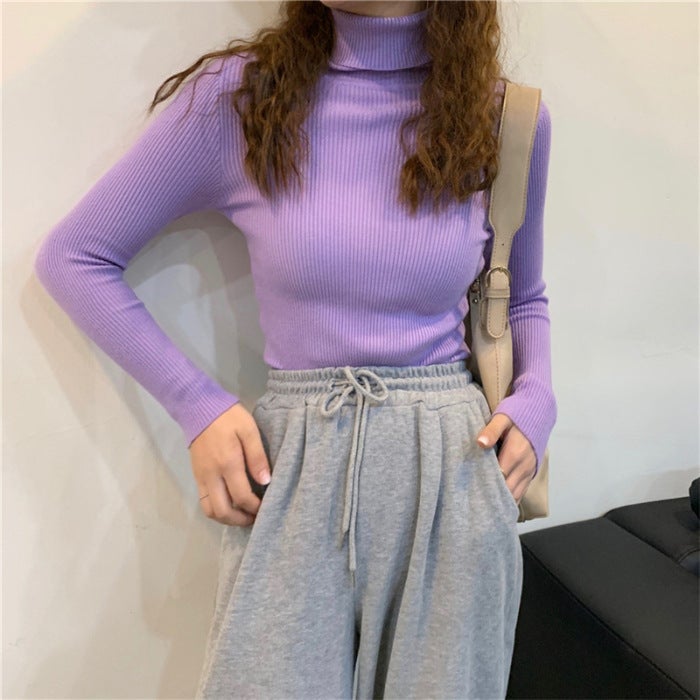 Early Autumn New Black High Neck Knitted Base Shirt Winter Womens Sweater Slim-fit All-match Outer Wear Clothes Bright purple