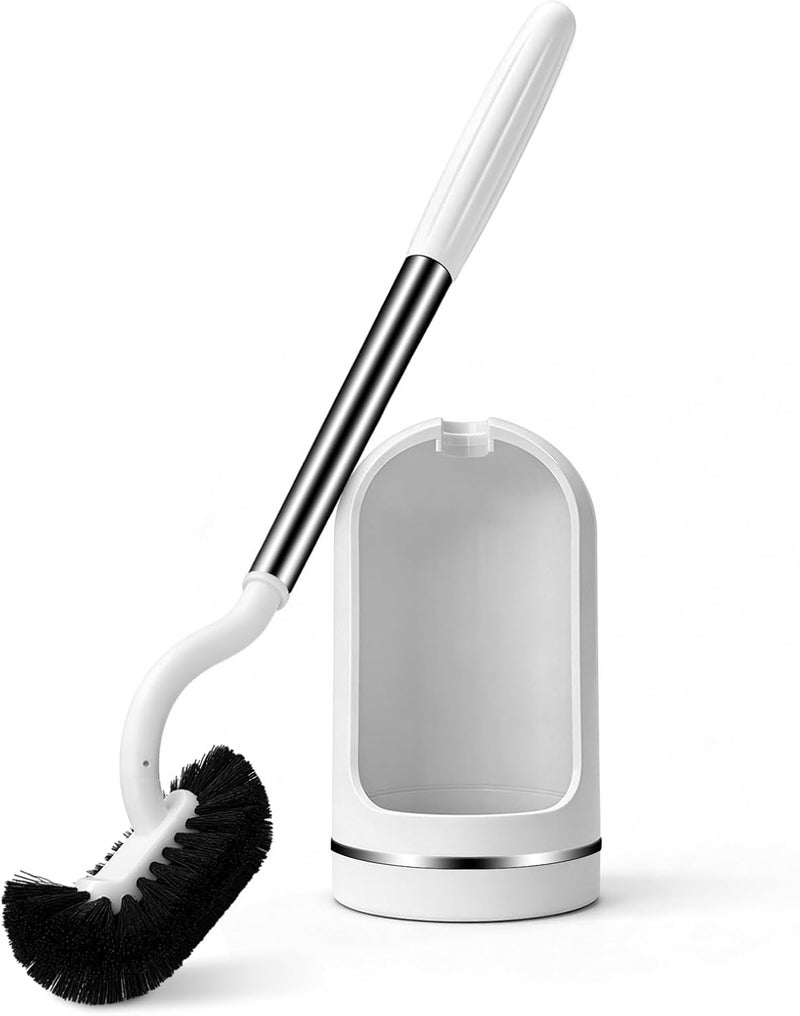 AONEZ Toilet Brush and Holder Set, Curved Toilet Brush with Stainless Steel Handle, Under Rim Toilet Bowl Brush for Deep Cleaning, Drip-Proof, White - Image 1