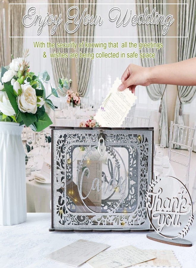 OurWarm Sliver Wedding Card Box with Lock, Wood Gift Card Box Holder with Clear Window and String Light - Image 2