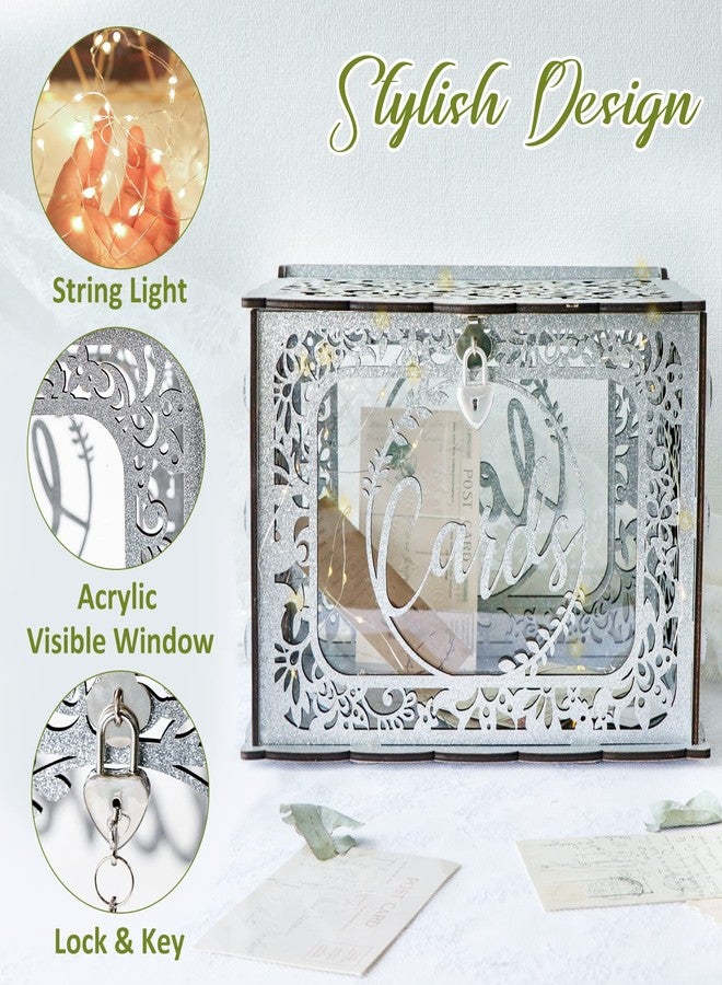 OurWarm Sliver Wedding Card Box with Lock, Wood Gift Card Box Holder with Clear Window and String Light - Image 3