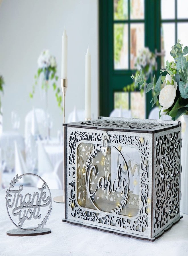 OurWarm Sliver Wedding Card Box with Lock, Wood Gift Card Box Holder with Clear Window and String Light - Image 1