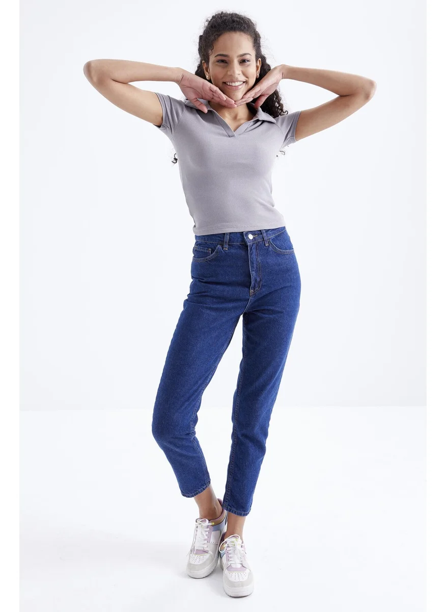 Tommy Life Gray Polo Neck Basic Short Sleeve Women's Crop Top - 97208