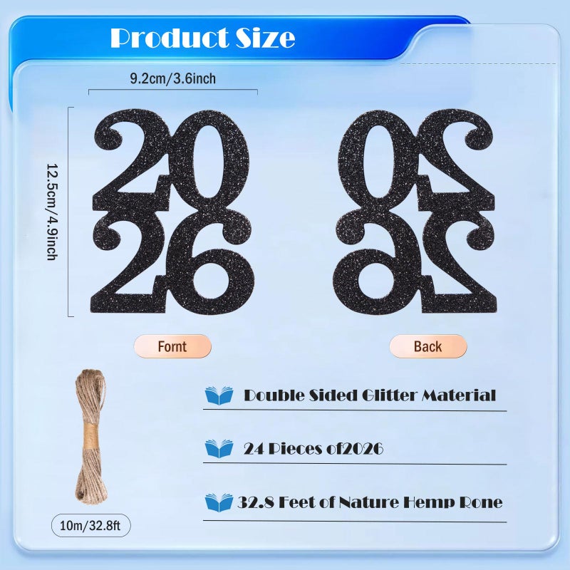 MixTeach 24 Pieces Glitter 2026 Cutouts Tags Decorations Double Side 2026 Graduation Cutouts 2026 Centerpiece 2026 New Year Decorations for Graduation New Year Party Supplies Favor(Black, 2026) - Image 2