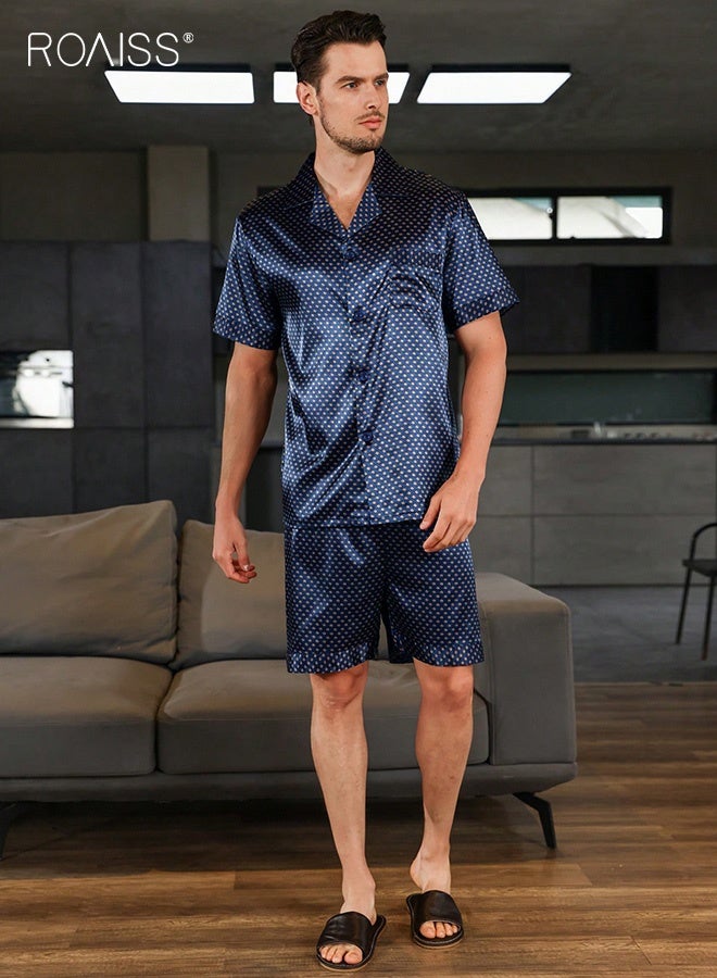 roaiss Men's Classic Ice Silk Pajama Set Sleepwear Casual Print Short Sleeve Tops and Bottom Mens Lapel Button Blue Polka Dots Pajamas Set Blue Large Size Loose Home Clothes Summer Breathable Thin Sho